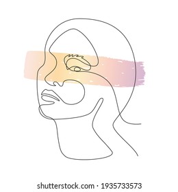 Asian woman face in single line drawing style. Abstract minimal oriental female portrait for logo, print, wall art, emblem, fashion concept, t-shirt. Continuous one line drawing. Vector illustration..