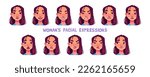 Asian woman facial expressions isolated on white background. Vector cartoon illustration of happy, sad, surprised, tired, scared, angry, upset, winking female face. Game character or avatar design