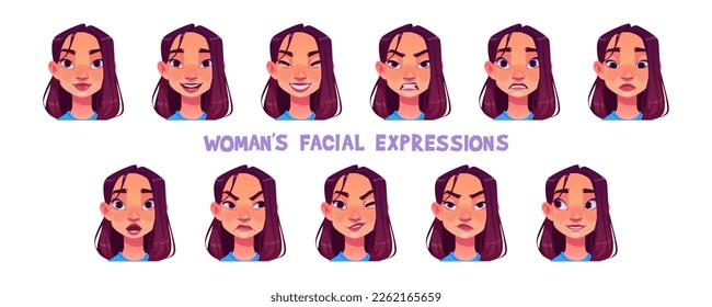 Las expresiones faciales de las mujeres asiáticas aisladas en el fondo blanco. Dibujo vectorial de cara femenina feliz, triste, sorprendida, cansada, asustada, enojada, molesta, fastidiada, guiñada por el ojo. Carácter de juego o diseño de avatar