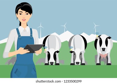 Asian woman farmer with digital tablet on a cattle grazing. Internet of things in cattle breeding. Vector illustration