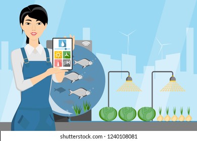 Asian woman farmer with digital tablet. Growing plants in the greenhouse with aquaponics system. Vector illustration.