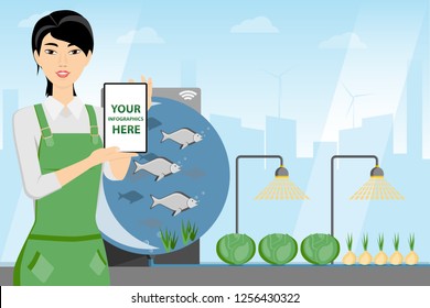 Asian woman farmer with tablet computer. Growing plants in the greenhouse with aquaponics system. White screen, you can add your infographic