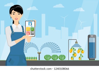 Asian woman farmer with tablet in a modern greenhouse. Internet of things in agriculture. Smart farm with wireless control. Vector illustration.