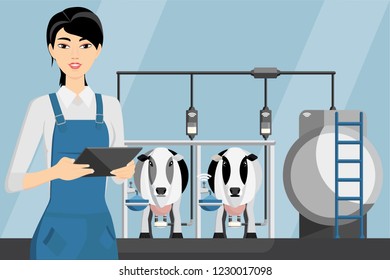 Asian woman farmer with tablet on a modern dairy farm. Smart farming, herd management and automatic milking. Vector illustration.