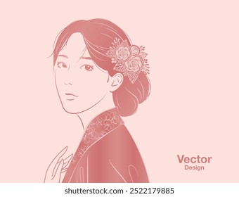 asian woman female lady Korean traditional ornamental hairpin conventional korea china sketch line drawing elegant graceful gracious stately delicate flower beauty