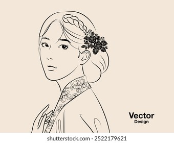 asian woman female lady traditional conventional korea china sketch line drawing elegant graceful gracious stately delicate flower beauty