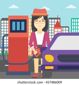An asian woman filling up fuel into the car. Woman standing at the gas station and refueling a car. Vector flat design illustration. Square layout.