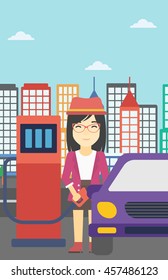 An asian woman filling up fuel into the car. Woman standing at the gas station and refueling a car. Vector flat design illustration. Vertical layout.