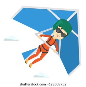 Asian Woman Flying On Hang-glider. Sportswoman Taking Part In Hang Gliding Competitions. Woman Having Fun While Gliding On Delta-plane. Vector Flat Design Illustration Isolated On White Background.