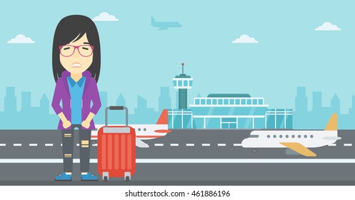 An asian woman frightened by future flight. Woman standing at airport and suffering from fear of flying. Phobia, fear of flying concept. Vector flat design illustration. Horizontal  layout.