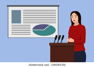 Asian woman giving presentation. Vector illustration.