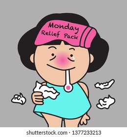 Asian Woman Got Sick On Monday With Cold Pack On Her Forehead And Thermometer In Mouth Concept Card Character illustration