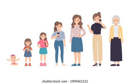 Asian woman growing old process life cycle from baby to senior age. Flat vector character isolated