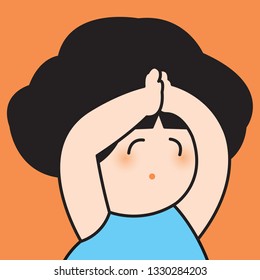 Asian Woman With Hands Together Over Head. Cute Young Girl With Hands Together In Praying Gesture, Expressing Hope And Please Concept Card Character illustration