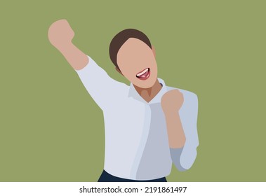 Asian woman happy confident standing showing her fist make a winning gesture isolated on green background.