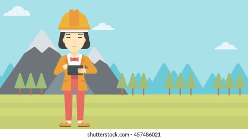 An asian woman in hardhat holding a tablet computer in hands on the background of mountain landscape. Woman working on digital tablet. Vector flat design illustration. Horizontal layout.