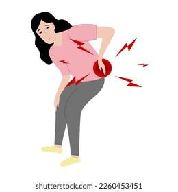 Asian Woman has low back pain and sciatica from a herniated disc. Medical diagrams about trapped nerves make patients chronic pain in the back and paralysis. Vector illustration.