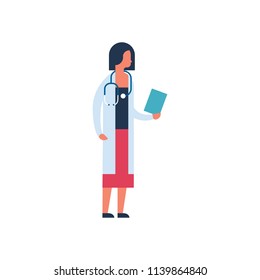 asian woman hold clipboard medical doctor stethoscope profile icon female healthcare concept full length flat vector illustration