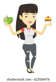 Asian woman holding apple and cupcake. Woman choosing between apple and cupcake. Concept of choice between healthy and unhealthy nutrition. Vector flat design illustration isolated on white background