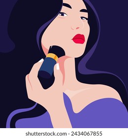 Asian woman holding brush powdering face. Makeup and beauty procedures. Fashion vector illustration in flat style