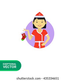 Asian woman holding Christmas sock