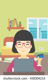 An asian woman holding a credit card and using laptop for online shopping. Woman shopping online at home. Woman making online payment. Vector flat design illustration. Vertical layout.