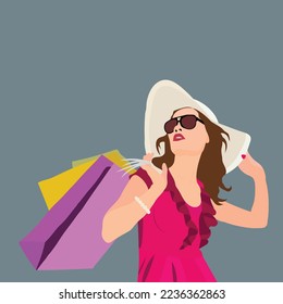 Asian woman holding fancy shopping bags.This is an editable vector artwork and 300 Dpi printable file.