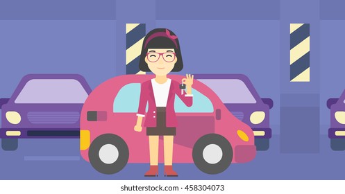An asian woman holding keys to her new car. Happy young woman showing key to her new car on the background of car shop. Woman buying car. Vector flat design illustration. Horizontal layout.