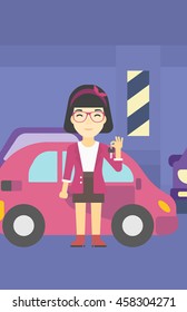 An asian woman holding keys to her new car. Happy young woman showing key to her new car on the background of car shop. Woman buying car. Vector flat design illustration. Vertical layout.