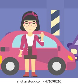 An asian woman holding keys to her new car. Happy young woman showing key to her new car on the background of car shop. Woman buying car. Vector flat design illustration. Square layout.