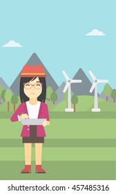 An asian woman holding a laptop hands on a background with solar pannels and wind turbins. Woman working on computer. Vector flat design illustration. Vertical layout.