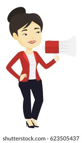 Asian woman holding megaphone. Social media marketing concept. Woman promoter speaking into megaphone. Woman advertising using megaphone. Vector flat design illustration isolated on white background.