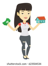 Asian woman holding money and model of house. Woman having loan for house. Woman got loan for buying a new house. Real estate loan concept. Vector flat design illustration isolated on white background