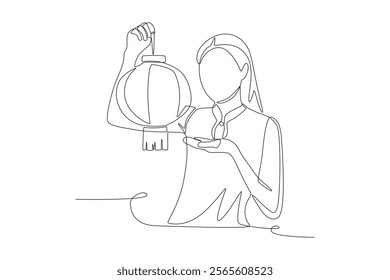 Asian woman holding red lantern. Red lanterns concept one-line drawing