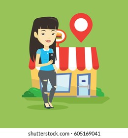 Asian woman holding smartphone with mobile application for looking for restaurant. Woman using smartphone application for searching of restaurant. Vector flat design illustration. Square layout.