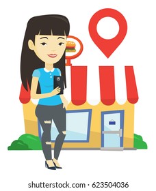 Asian woman holding smartphone with mobile app for looking for restaurant. Woman using smartphone application for searching of restaurant. Vector flat design illustration isolated on white background.