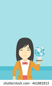 An asian woman holding a smartphone with a model of planet earth above the device. International technology communication concept. Vector flat design illustration. Vertical layout.