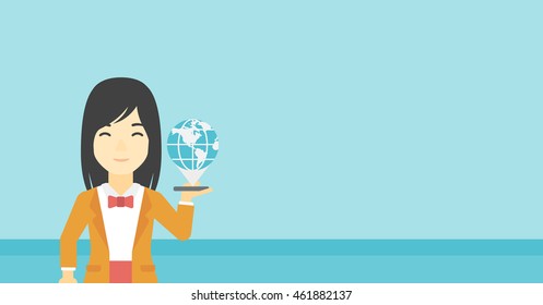 An asian woman holding a smartphone with a model of planet earth above the device. International technology communication concept. Vector flat design illustration. Horizontal layout.