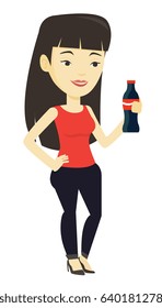 Asian woman holding soda beverage in glass bottle. Young woman standing with bottle of soda. Cheerful woman drinking soda from bottle. Vector flat design illustration isolated on white background.