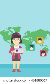 An asian woman holding tablet computer with social network user profile on a screen on a background of map with avatars of social network. Vector flat design illustration. Vertical layout.