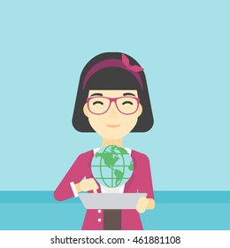 An asian woman holding a tablet computer with a model of planet earth above the device. International technology communication concept. Vector flat design illustration. Square layout.