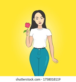 Asian woman holds a flower. Cartoon style. Vector illustration.
