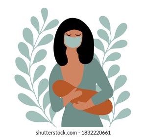 Asian woman holds newborn baby in her arms. mom is breastfeeding her baby during the coronavirus pandemic. support for motherhood. protection of children.