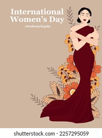 Asian woman hugging herself. International Women's Day 2023. Embrace equity
