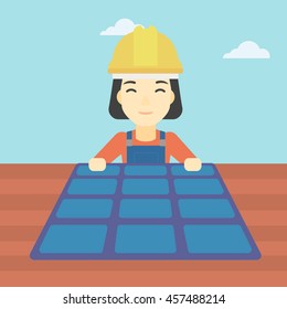 An asian woman installing solar panels on roof. Technician in inuform and hard hat checking solar panels on roof. Vector flat design illustration. Square layout.