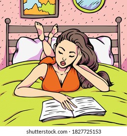 Asian woman laying on bed and reading a book, study at home pop art vector illustration in retro comic style