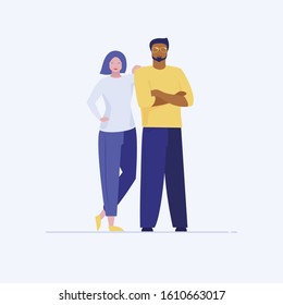 Asian woman leaning on Latino man shoulder. Confident woman and man in casual clothes standing flat vector illustration. Interracial couple, team concept for banner, website design or landing web page