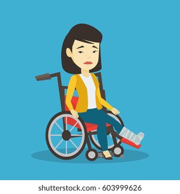Asian woman with leg in plaster suffering from pain. Injured woman sitting in wheelchair with broken leg. Woman with fractured leg sitting in wheelchair. Vector flat design illustration. Square layout