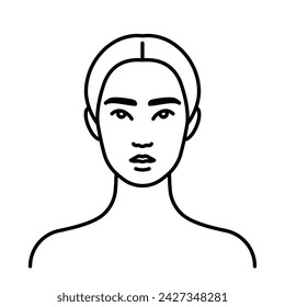 Asian woman, line icon. Asian ethnicity. Portrait young woman. Female face, head, neck, shoulders, front view. Minimalist style, linear illustration, editable strokes