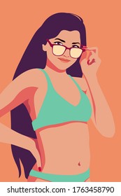 Asian woman with long hair in swimwear and sunglasses. Summer holidays in the southern resorts. Vector flat illustration